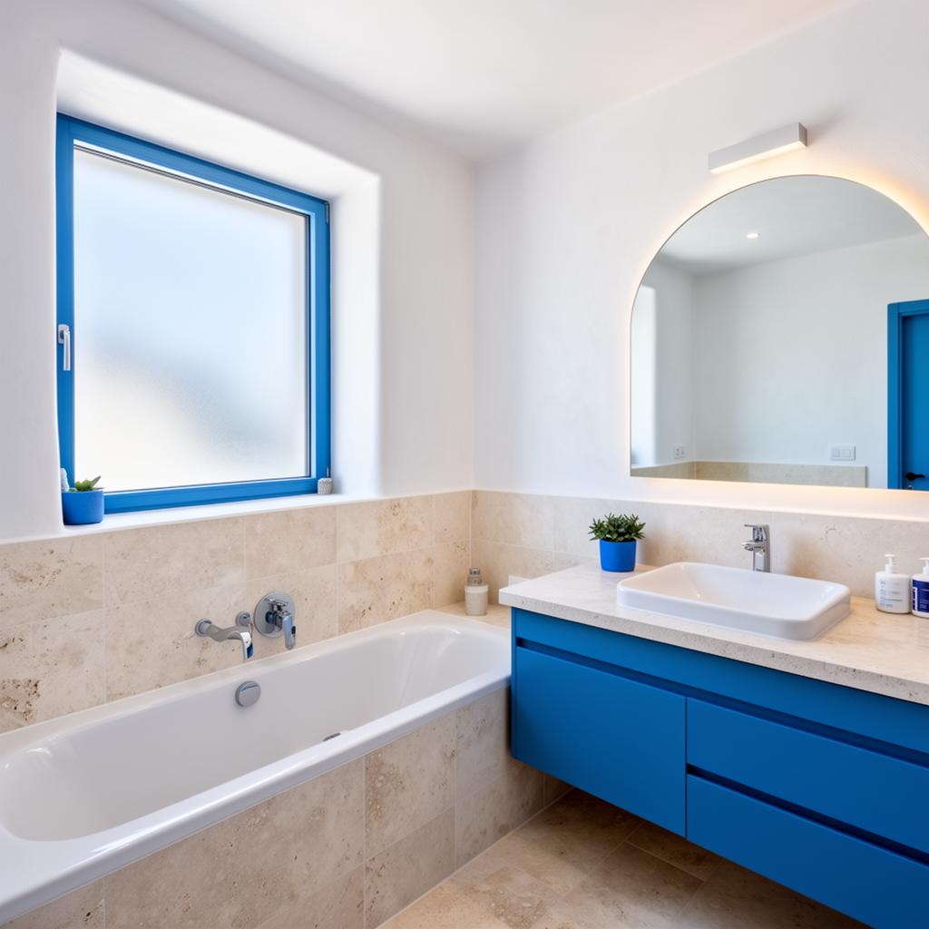 Greek-inspired apartment bathroom with pale stone tile, white plaster walls, and blue accents