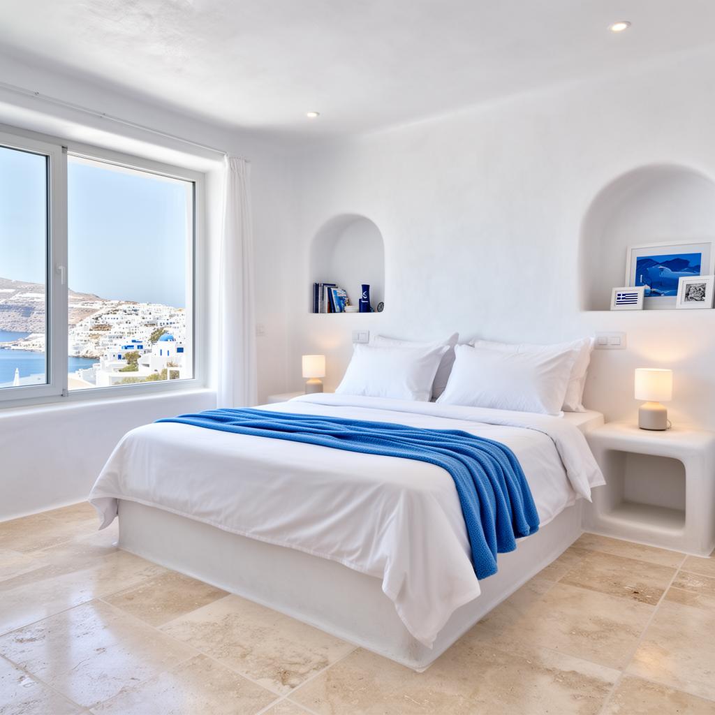 Airy Greek-inspired apartment bedroom with white bedding, large windows, and a blue throw