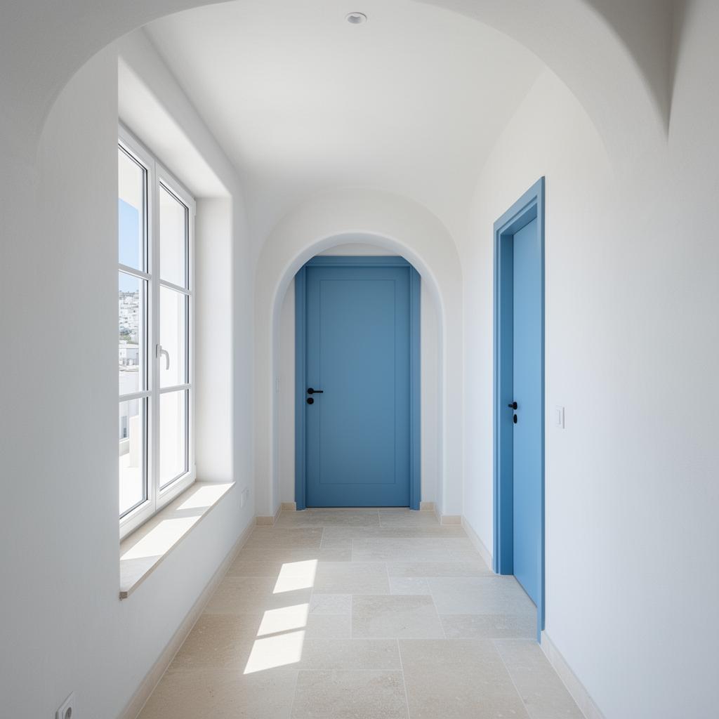 Modern Greek-inspired above-ground apartment hallway with blue doors and daylight