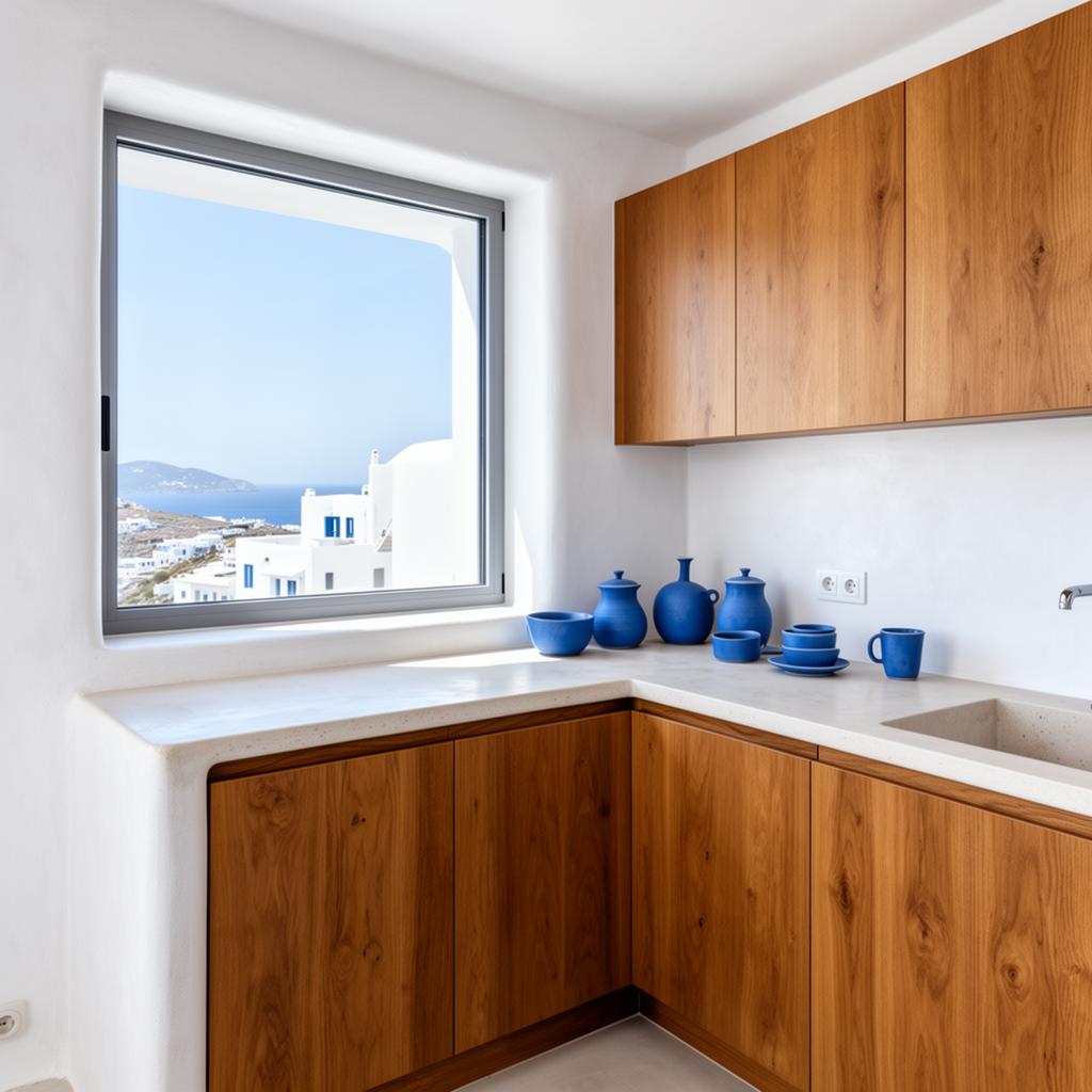 Bright Greek-inspired kitchenette with a large above-ground window and blue ceramics