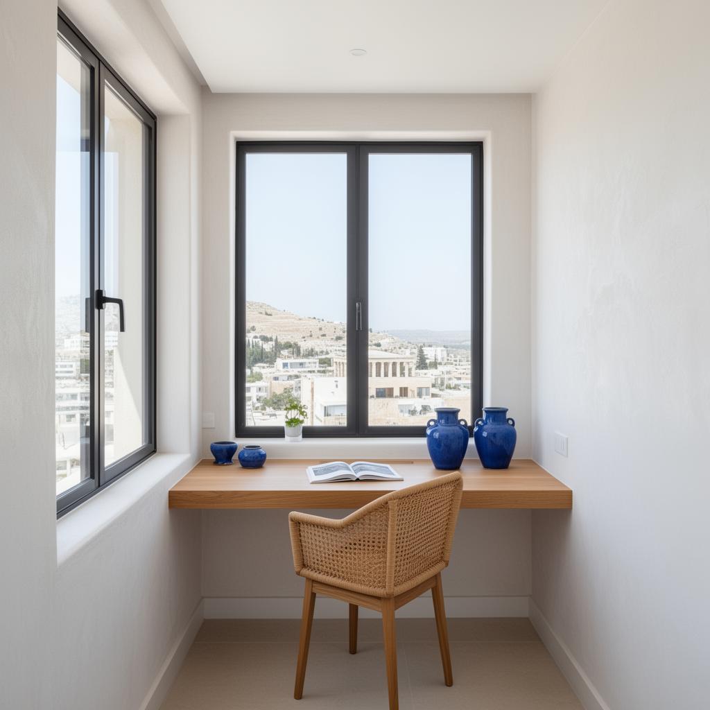 Greek-inspired workspace nook with large windows, white walls, and blue accents
